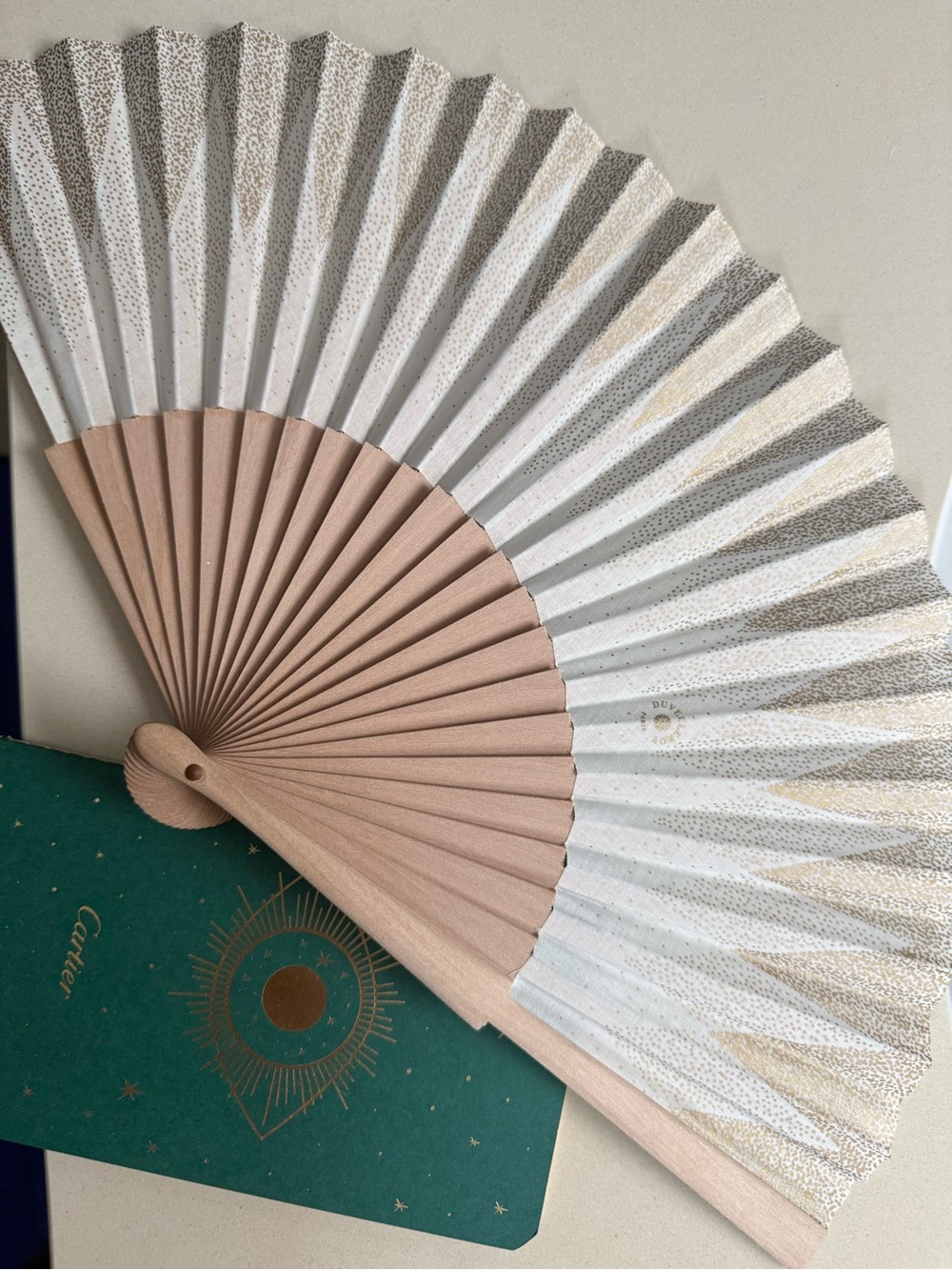 Duvelleroy for Cartier Elegant Foldable Hand Fan in White and Cartier notebook